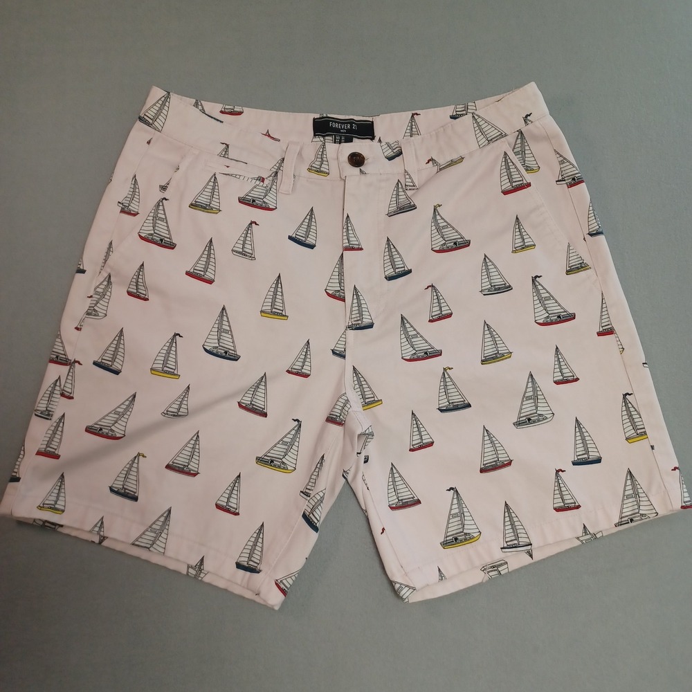 Forever 21 Men Pink Sailboat Print Chino‎ Shorts Size 31 Nautical Cotton Summer
